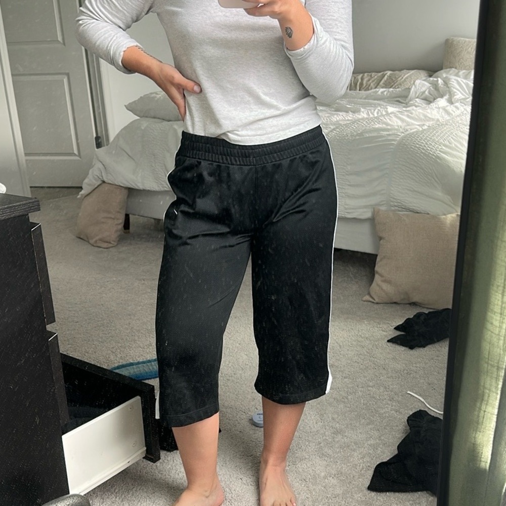 Black Capri Track Pants with White Side Stripe